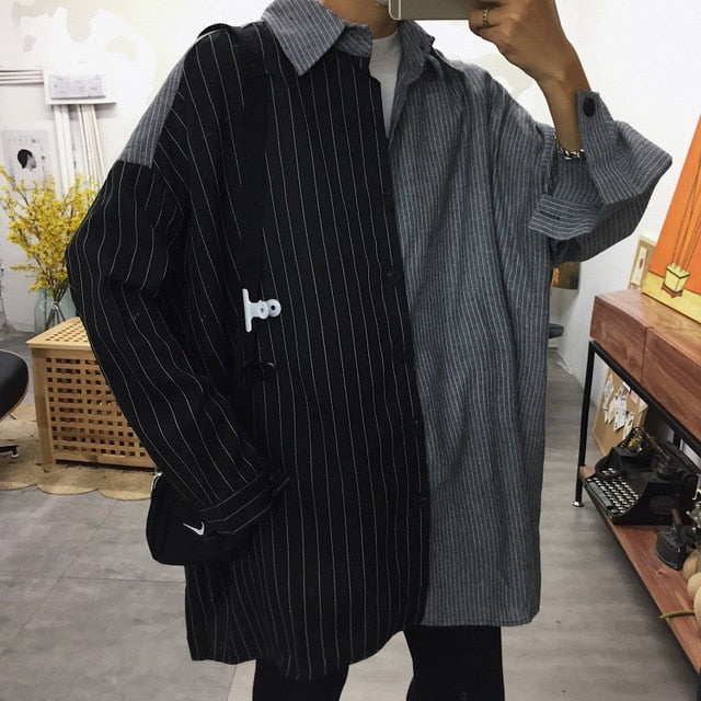 Shirts Men Patchwork Leisure Loose Oversize Simple Korean Style All-match Retro Harajuku Shirt Mens Long Sleeve Soft Daily Chic
