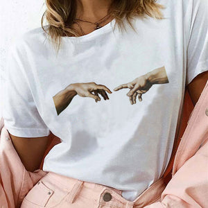 2019 Shirt Korean Women Fashion David Michelangelo Print Blouses Fashion Harajuku Short Sleeve Plus Size White Women Shirts Tops