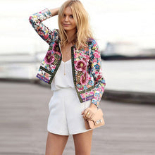 Load image into Gallery viewer, 2019 Women Jackets Bohemian Floral Embroidery Collarless Outwear Long Sleeve Print Patchwork Jacket Coat Clothes