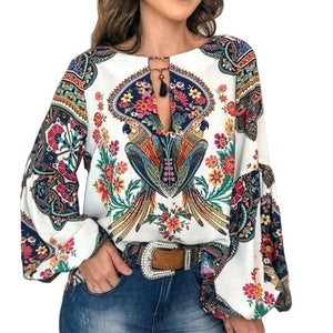 2019 Casual Vintage Shirt Blouse Women Floral Printed Lantern Sleeve Plus Size Women Tops And Blouse V Neck Blusas Mujer De Moda