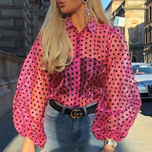 Load image into Gallery viewer, Women Polka Dot Retro Blouse Lady Early Autumn Modern Mesh Shirt Vogue See-through Loose Button  Puff Sleeve Blouse High Street