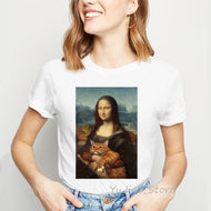 ropa mujer 2019 Mona Lisa and her cat painting tshirt women plus size vogue funny t shirts femme summer tops female t-shirt