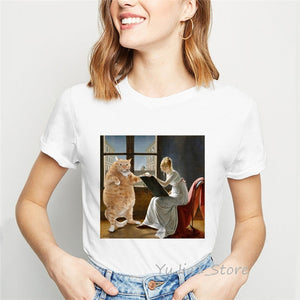 ropa mujer 2019 Mona Lisa and her cat painting tshirt women plus size vogue funny t shirts femme summer tops female t-shirt