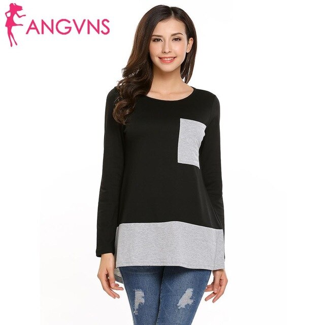 Women Casual Long Sleeve O Neck Front Pocket Patchwork Tunic High-low Loose T-Shirt